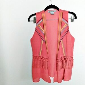Flying Tomato Coral Embroidered Fringe Open Front Vest Size Medium